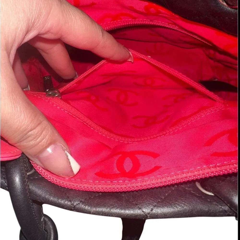CHANEL Cambon Black and Cream Quilted Tote with pink interior